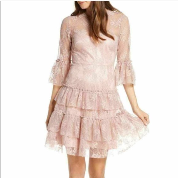 ELIZA J BELL SLEEVE LACE TIERED PINK BLUSH DRESS sz 4 - Picture 1 of 3